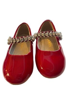Girls Red Mary Jane Ballet Flats with Rhinestone Strap Size 5